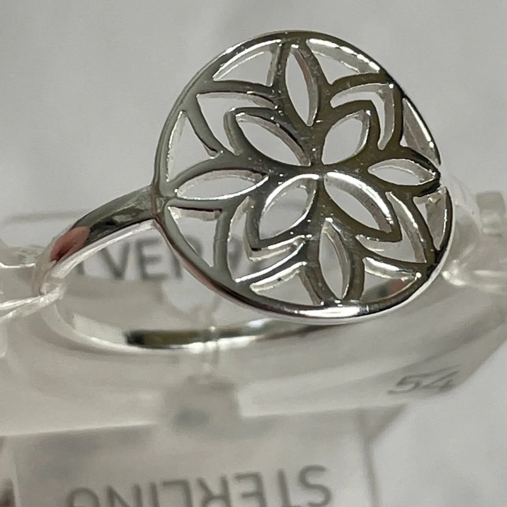 TOSH 925 Silver Plated Ring with Floral Cut-out Size 54